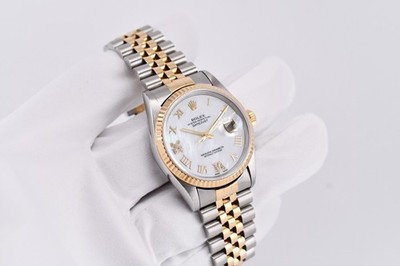 Rolex Datejust 16233 Yellow Gold Fluted Bezel Custom Mother of Pearl Dial 36mm