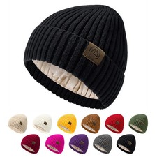 Black Unisex Satin Lined Beanie Warm Winter Hat Silk Lined Beanie for Women M...