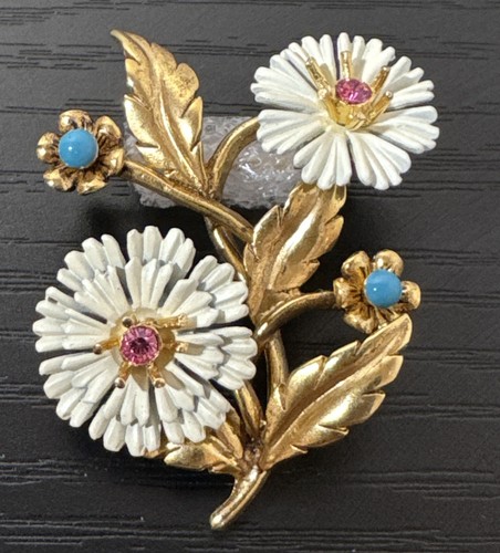 Signed Vintage Joan Rivers Double Flower With Pink and Blue Brooch Pin Gold Tone - Bild 2 von 14