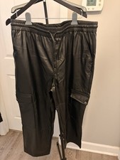 Time Tru Black Faux Leather Cargo Jogger Pants Elastic Waist XXL Indie Sleaze