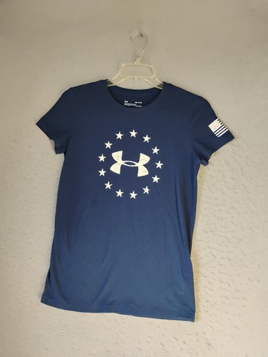 Camisa Under Armour Para Hombres Pequeña Azul Heat Gear Bandera Logo Manga Corta Cuello Redondo - Imagen 4 de 11