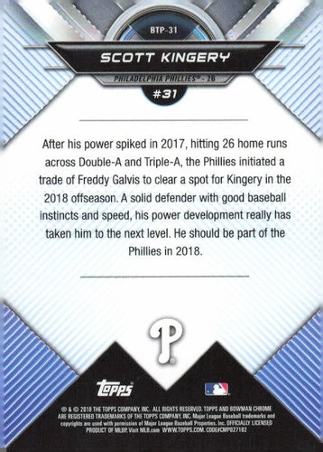 2018 Bowman #BTP-31 Scott Kingery Bowman Chrome Scouts' Top 100 - Picture 2 of 2