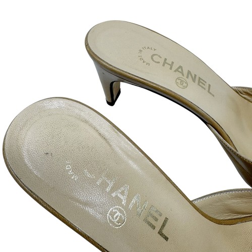 Chanel Buckle Mules Heels Tan Black Leather Size EU 39 Square Toe Vintage - Picture 10 of 11