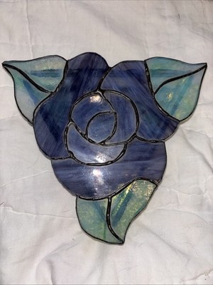 StainedGlass Blue & Green Flowered Jewelry Box Mirror Inside Beveled Glass Sides
