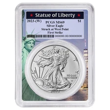 2023 (W) $1 American Silver Eagle PCGS MS69 FS Statue of Liberty Frame