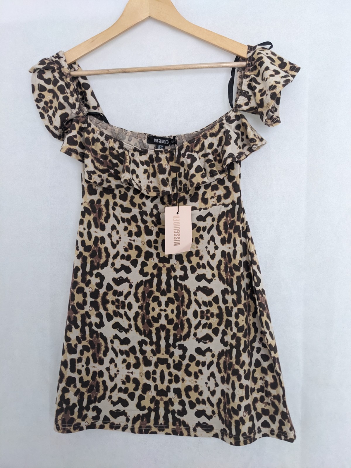 Missguided Bardot Frill Skater Dress Leopard Pattern Size 10 Cold Shoulder Party