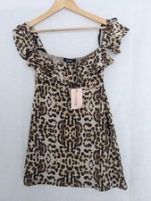 Missguided Bardot Frill Skater Dress Leopard Pattern Size 10 Cold Shoulder Party