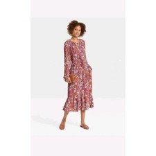 Knox Rose Women's Med Floral Rayon Peasant Tiered Pockets Tasseled Midi Dress