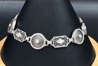 14K White Gold Art Deco Vintage Bracelet W/ Diamonds & Clear Quartz