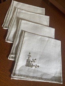 Set of 4 Vintage Ecru Linen Dinner Napkins Embroidered Cutwork Hemstitch 16" MCM