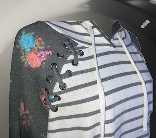 Maurices Womens Sweatshirt Extra Large Hoodie Gray Stripe Floral Raglan Sleeve - Picture 3 of 10