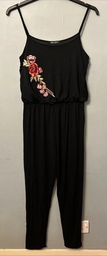 Black Jumpsuit Size 14 with Floral Rose Embroidery