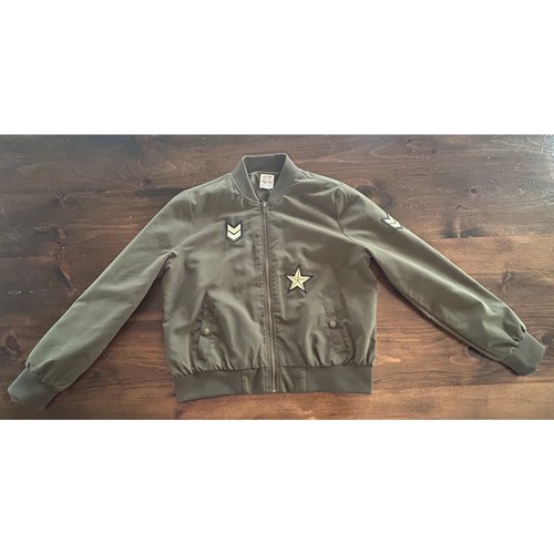 Hippie Rose Sequinned Patch Bomber Jacket Army Green Coat Outerwear Size XL - Picture 2 of 10