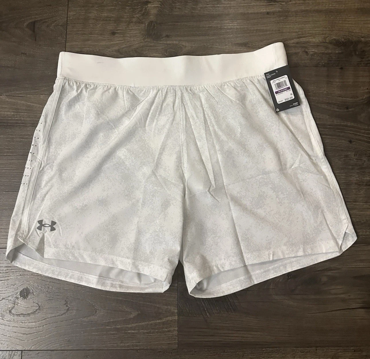 Under Armour SpeedPocket Lined Running Shorts Men M 7” 1379694 White Print $55