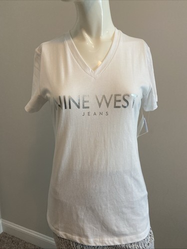 Weißes T-Shirt Silber Logo Nine West Neu mit Etikett Größe Small