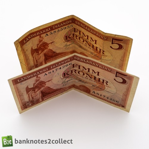 Island: 2 x 5 Island Krone Banknoten. - Bild 3 von 3