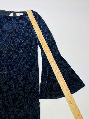 eci Black Navy Damask Velvet Bell Sleeve Shift Dress Size L Witchy Gothic Vampy - Picture 24 of 24