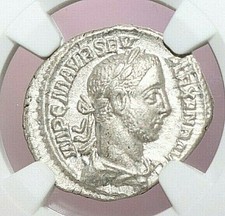 SEVERUS ALEXANDER NGC AU ROMAN COINS, AD 222-235. AR DENARIUS. A737