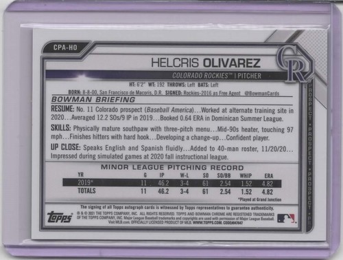 2021 Bowman Chrome Prospect Autographs Green Refractors #CPAHO Helcris Olivarez - Picture 2 of 2