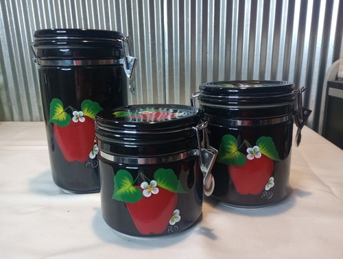 Black Ceramic Lock Lid Cannister Set 3 Hand Painted Apple. 9.25" 6.5", 5.5" - Picture 1 of 9