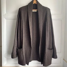 AllSaints Wool Angora Long Cardigan Coatigan Womens UK 12 Taupe Ribbed Pockets