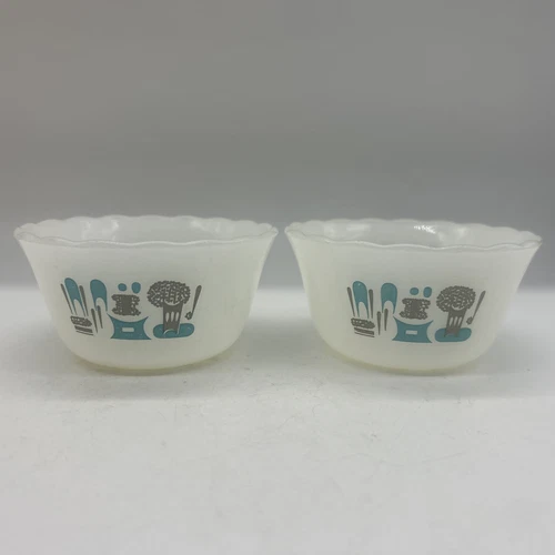 Set of 2 Vintage Anchor Hocking Fire King Atomic Blue Heaven Custard Cups Bowls