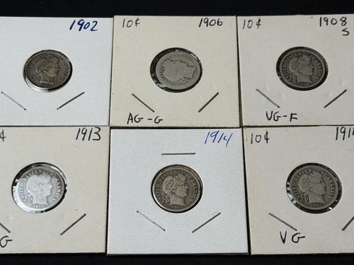 LOT of 6 Barber Dimes 10C 1902 1906 1908-S 1913 1914 1914-D NICE! SEE PHOTOS!