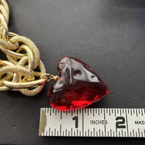 Gripoix Herz Halsreif Halskette Grob Gold Kette Rot Gegossen Harz Statement 16" - Bild 4 von 7