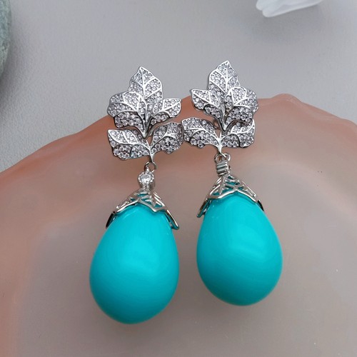 Blue Sea Shell Pearl Teardrop Dangle Cz Pave Stud Earrings Gift - Picture 6 of 6