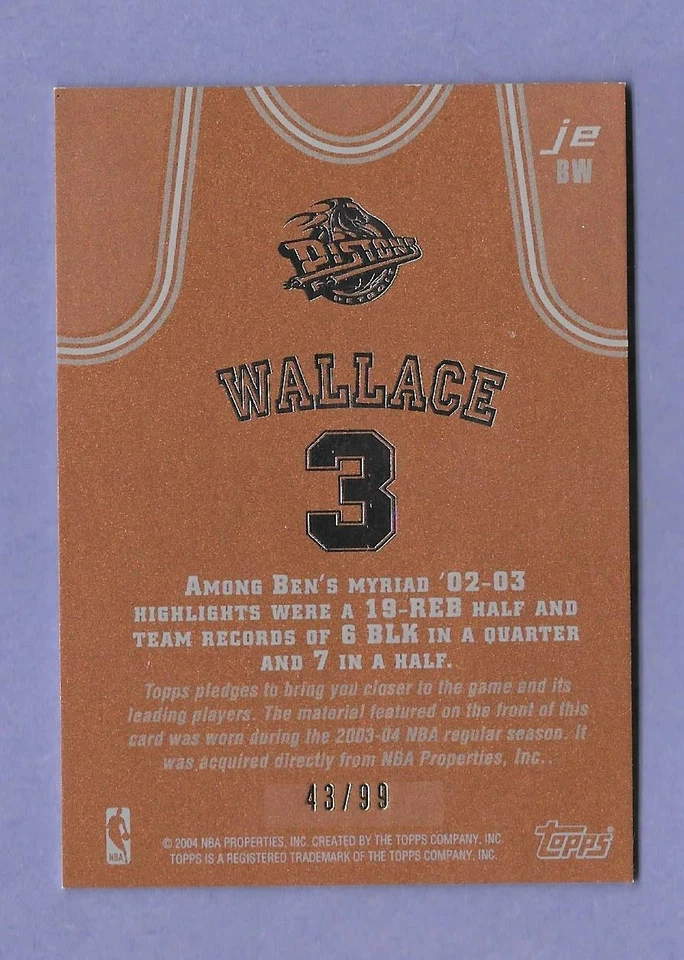 2003-04 Topps Jersey Edition #jeBW Ben Wallace Bronze Jersey 43/99 Pistons - Image 2 of 2