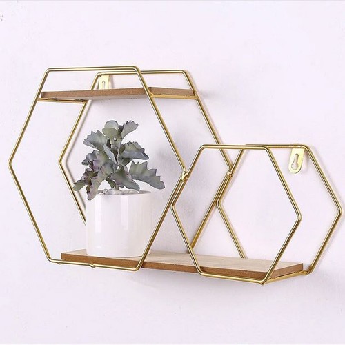 Wall Shelving Hexagon Cube Shelves Storage Metal Rack Gold Frame Plant Display - Picture 7 of 9