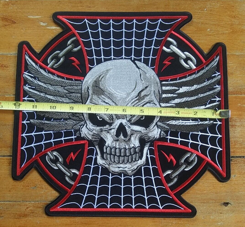 LARGE Embroidered Back Patch Wicked Skull with Maltese "IRON" Cross Biker PATCH - Picture 4 of 6