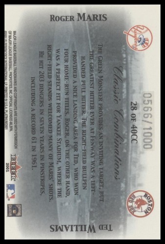 2001 Fleer Platinum #28 CC Roger Maris Ted Williams Classic Combinations #/1000 - Picture 2 of 2