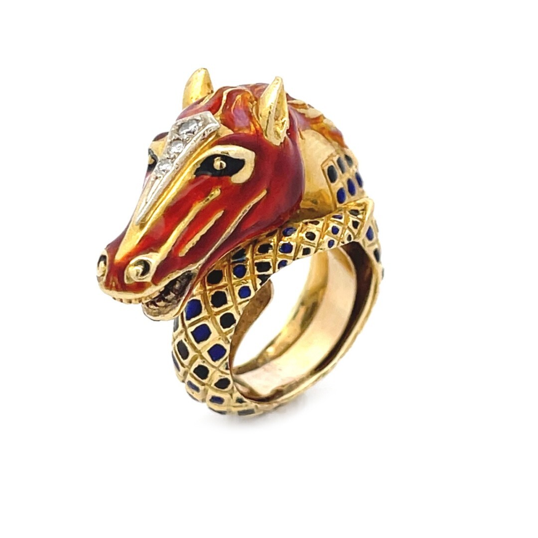 Horse Ring Gold Enamel Diamond 18k Equestrian Bypass Ring | eBay