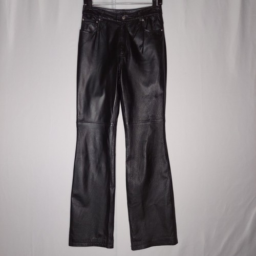 Newport News Vtg Leather Pants Women 6 Black Bootcut Pocket Rodeo Rock Biker - Picture 1 of 11