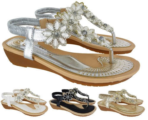LADIES WOMENS SUMMER LOW HEEL WEDGE FLOWER DIAMANTE DRESS SANDALS SHOES SIZE 3-8
