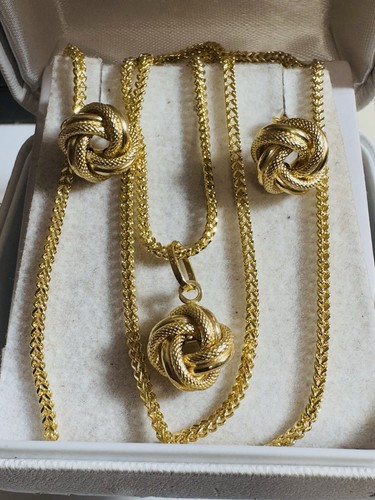 18K 750 Real UAE Gold 17.5”/18” long Set Love Knot Earring Necklace 2.5mm 6.74g - Picture 15 of 22