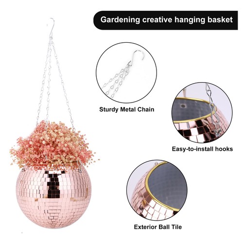 Mirror Ball Flower Pot with Hooks Chain - Indoor/Outdoor Decorative Plant Pots Q - Picture 6 of 12