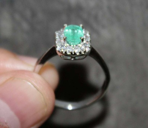 Silver Emerald Engagement Ring 5x7 mm Oval Emerald Ring Emerald Wedding Ring  - Picture 2 of 4