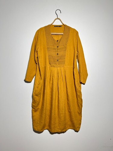 Gudrun Sjoden besticktes Leinen langes Kleid Damen Gr. L