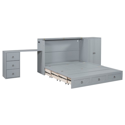 Queen Size Murphy Bed with USB Port, Large Drawer, and Wardrobe/Desk Combo – Ver - Picture 10 of 12