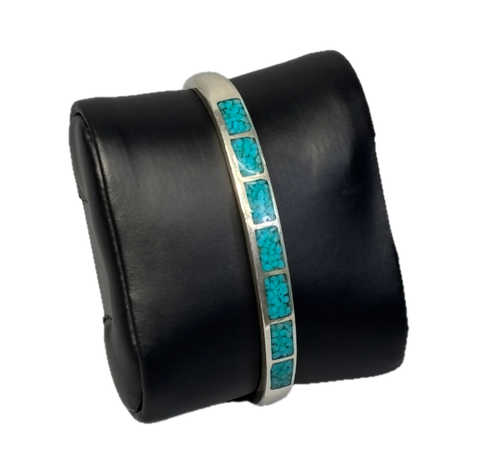 VTG Zuni Sterling Silver-Turquoise Channel Inlay Cuff Bracelet/Handmade  18g