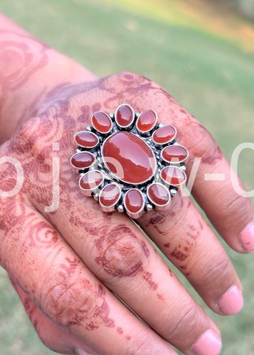 Natural Carnelian Gemstone Cluster Ring, 925 Sterling Silver Handmade Ring Pj-3 - Picture 4 of 7