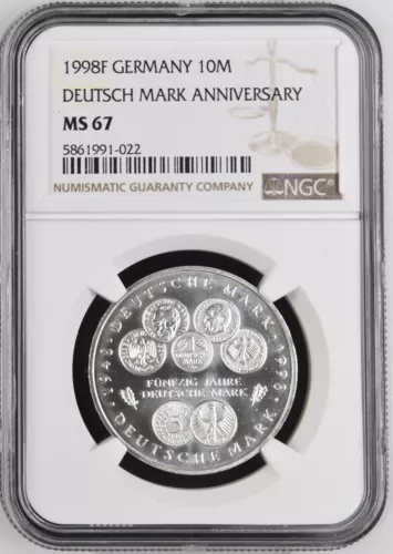1998F GERMANY Silver 10 Mark 50th Anniversary of the Deutsche Mark- NGC MS 67