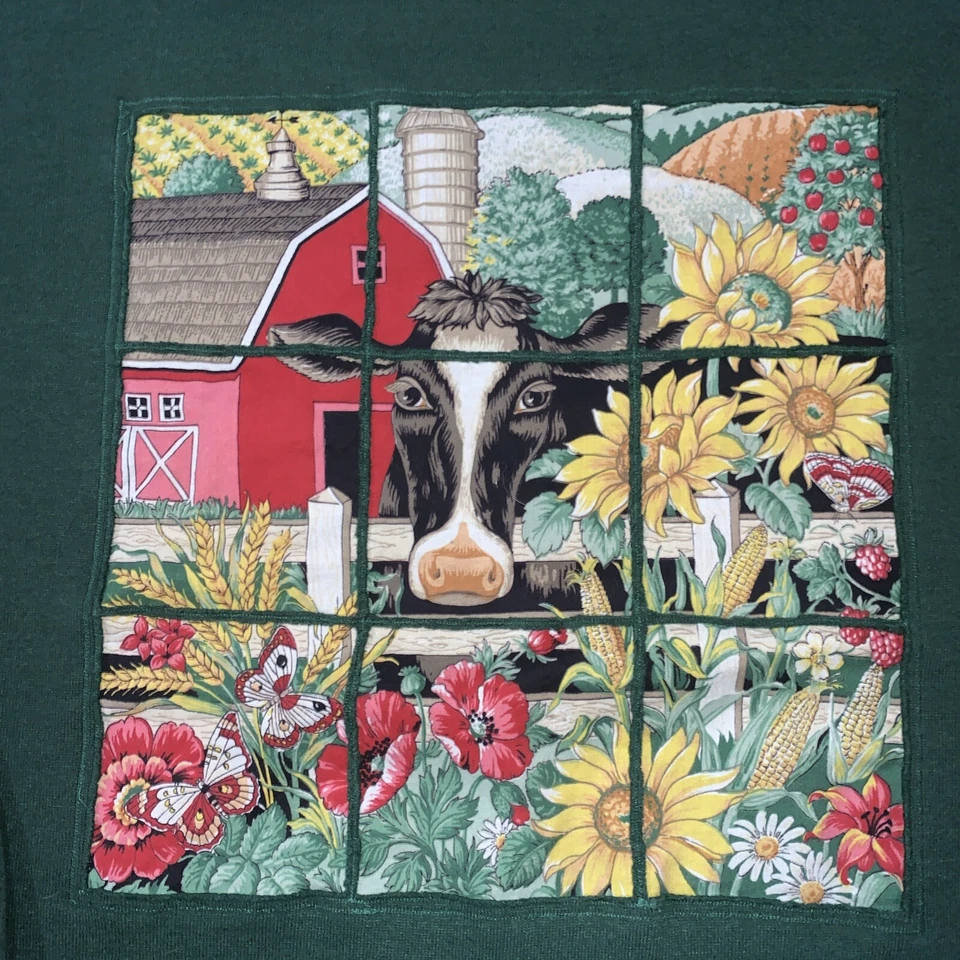 Vintage Cow Farm Animals Nature Crewneck Sweatshirt Jerzees Large Green USA - Image 2 of 4