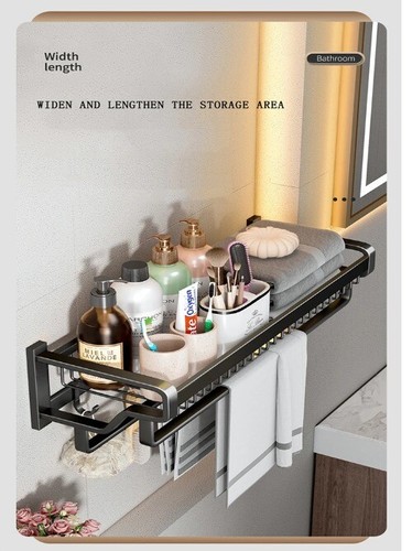 Towel Rack 37-57 CM with Hook Bathroom Accessories Shower Hanger Aluminum Shelf - Picture 19 of 28