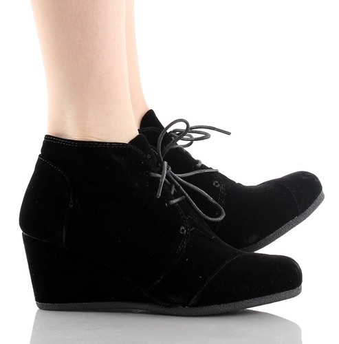 New Womens Vegan Suede Denim Lace Up Med Low Wedge Heel Ankle Boot Booties Shoes - Picture 5 of 12