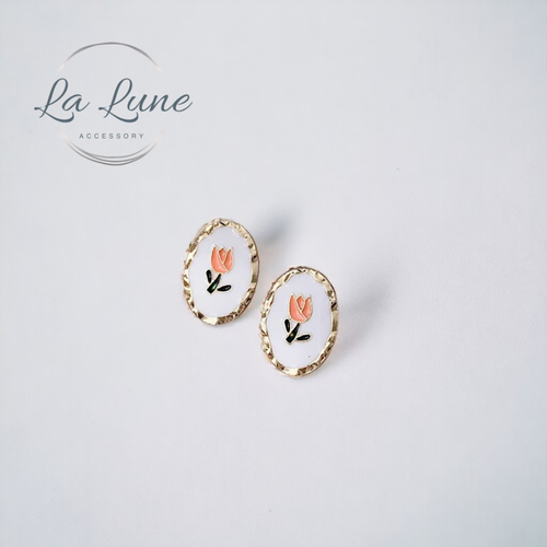White/Green Flower Tulip Oval Vintage Stud Earrings UK FREE SHIPPING - Picture 4 of 5