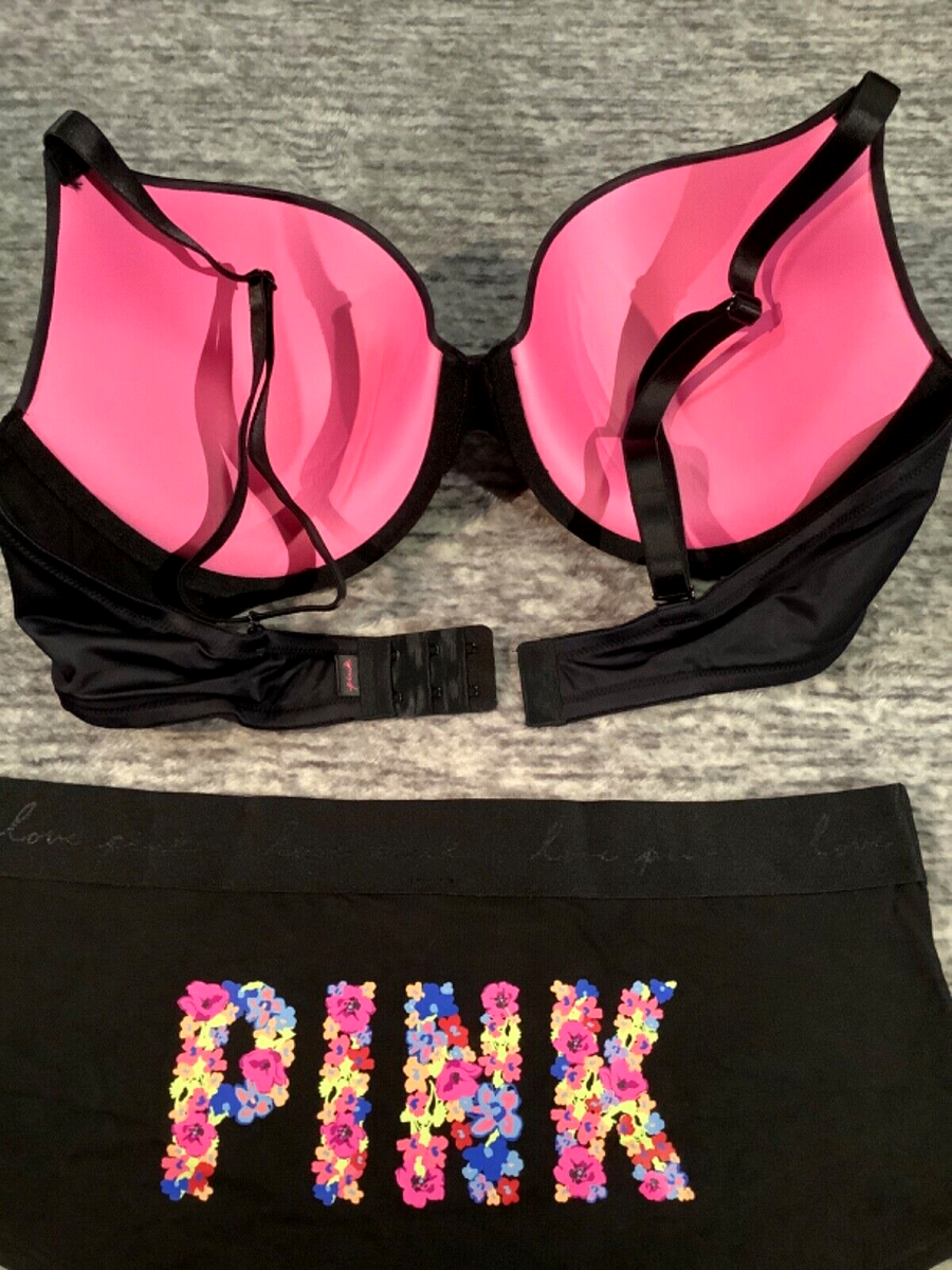 Victoria's Secret Pink Floral Logo Push Up Bra + Shortie Panties