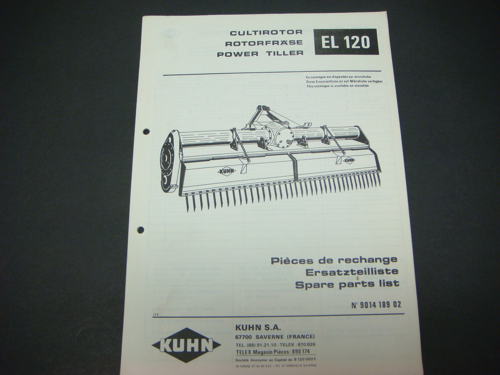 Kuhn Manual Power Tiller EL 120 Spare Parts List No. 9014 189 02 L1051